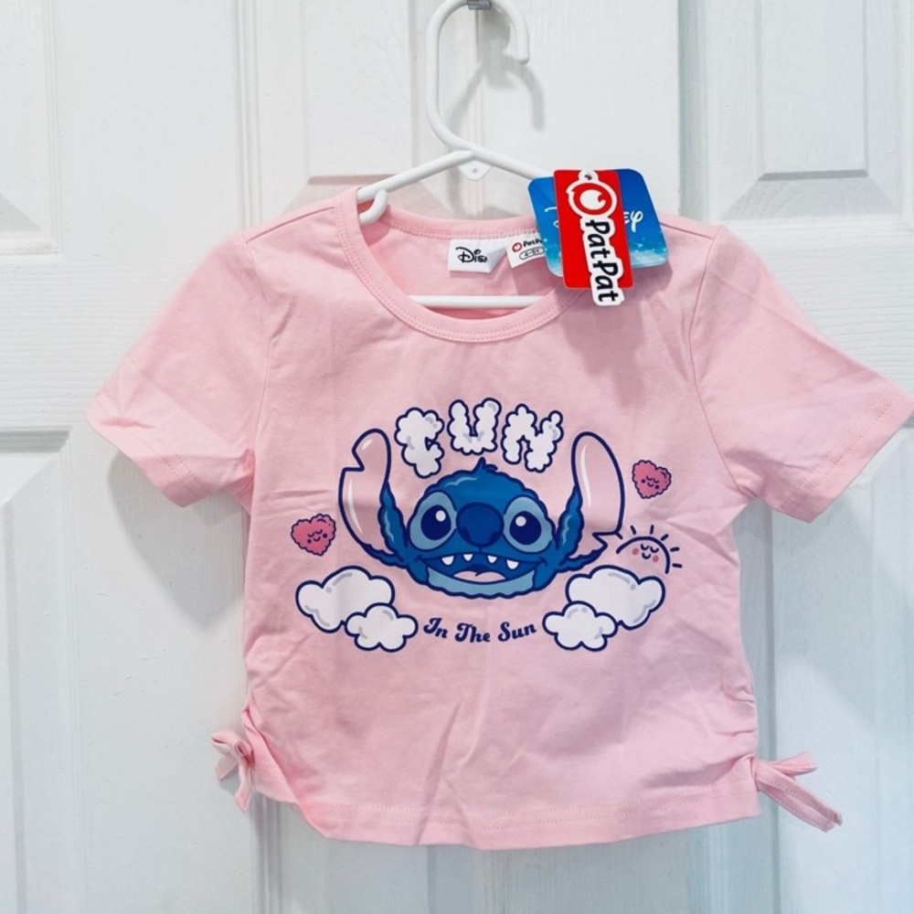 Disney Stitch Girl Cotton Character Cloud Print Short-sleeve Pink Drawstring Top